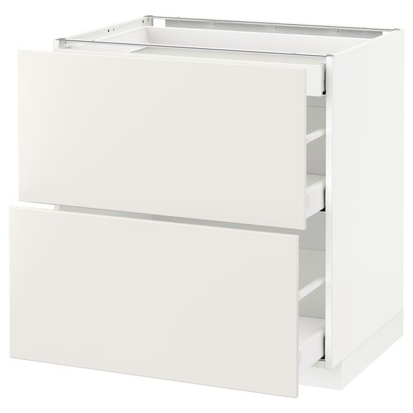 White METOD kitchen unit with veddinge drawers and smooth finish.