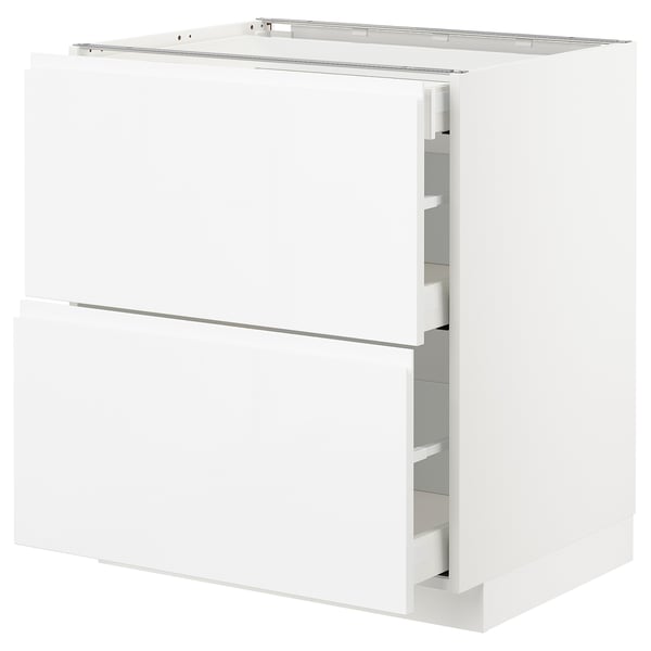 White METOD kitchen cabinet, glossy, square, modern design with 3 drawers.