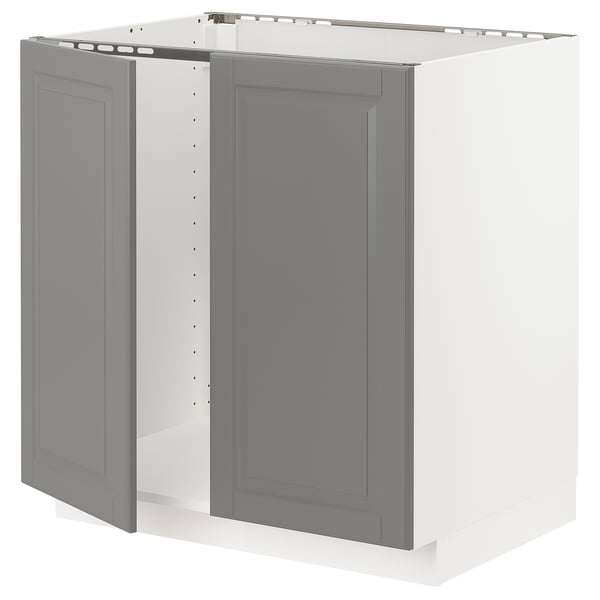 Grey wooden METOD kitchen cabinet with two doors.