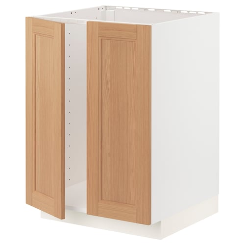 METOD kitchen unit with oak doors: white base, light wood doors, rectangular, simple design.