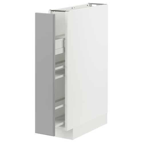 White METOD cabinet with grey pull-out shelves.