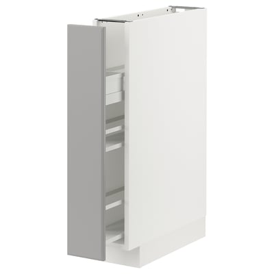 White METOD cabinet with grey pull-out shelves.