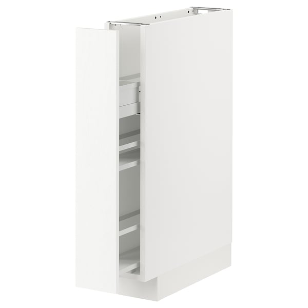 White METOD kitchen cabinet with pulled-out shelves, modern wood design.