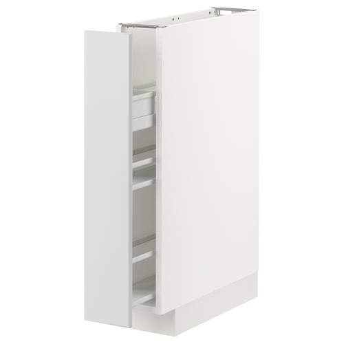 White METOD kitchen cabinet with pull-out shelves, glossy finish, rectangular shape, modern design.