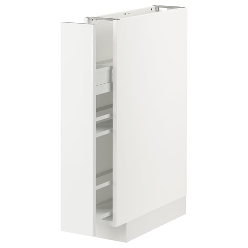 White kitchen cabinet, tall with open compartments, modern design.