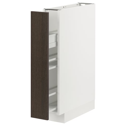 White METOD kitchen cabinet with dark brown sinaarp wood-trimmed drawers.