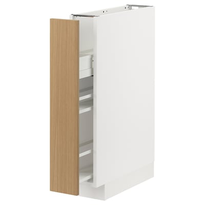 White METOD kitchen cabinet with oak door and pull-out shelf.