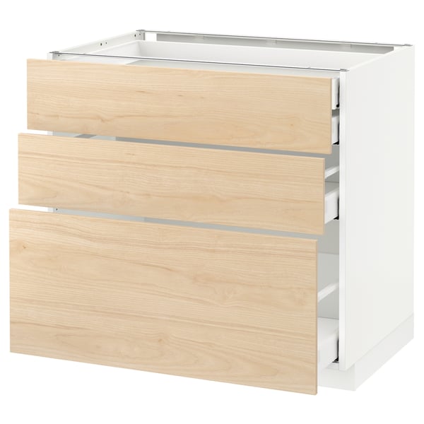 Ikea METOD kitchen cabinet with light ash drawers and white frame, modern design.