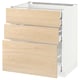 A white METOD kitchen cabinet with light ash wood-patterned drawers. It three pull-out drawers and is framed in white.
