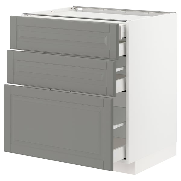 Modern grey kitchen cabinet with three drawers, sleek design.