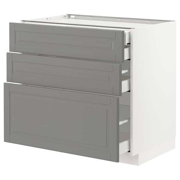 Grey METOD kitchen cabinet with bevelled edges, three drawers, white base.