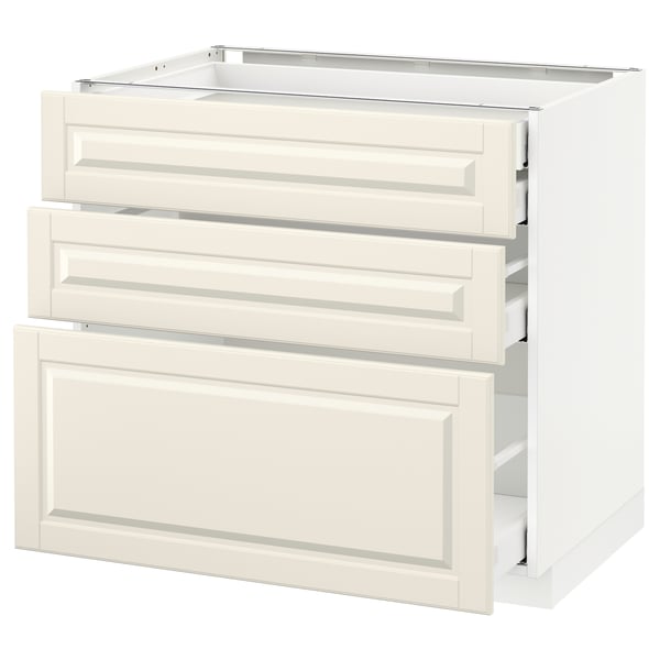 White METOD kitchen unit with three drawers and one door, modern design, bevelled edges.