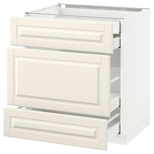 White kitchen cabinet with three drawers, featuring bevelled edges and smooth-running drawers.