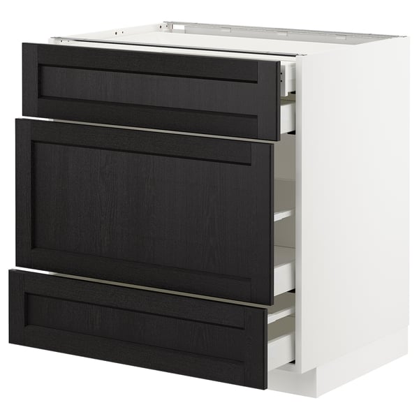 Black stained wood drawers on white cabinet, soft-close.