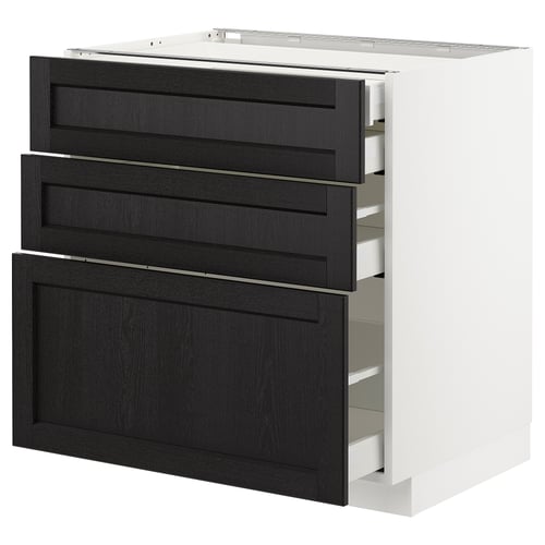 Modern kitchen unit: METOD with dark stained lerhyttan drawers, white frame, three drawers, sleek design.