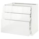 A white METOD kitchen cabinet with smooth, glossy surfaces and three drawers.