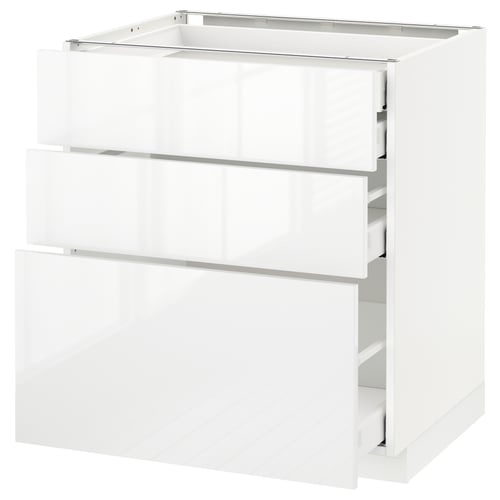 A white METOD kitchen cabinet with three drawers in a modern, minimalist design.
