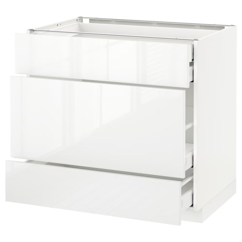White modern kitchen cabinet with glossy finish and two drawers.