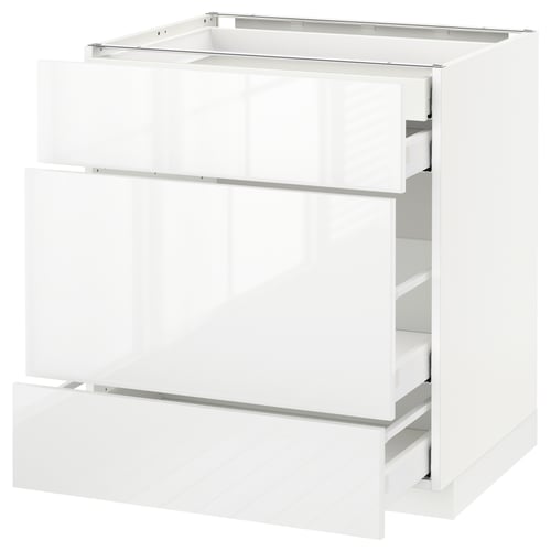A white METOD kitchen cabinet with high-gloss, modern design featuring smooth-running drawers.