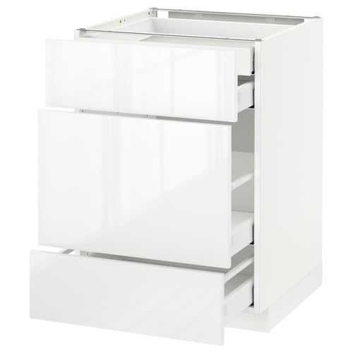 White METOD cabinet; modern, high gloss, rectangular, three drawers, clean design.