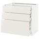 A white METOD kitchen cabinet with three drawers, smooth and modern design.