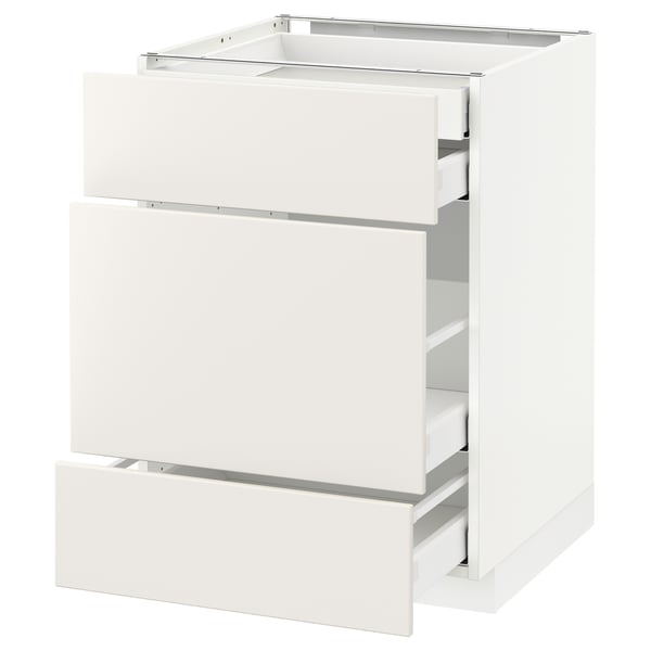 This image a white ikea METOD kitchen cabinet with three drawers. The cabinet has a modern design with smooth surfaces and a sturdy frame.