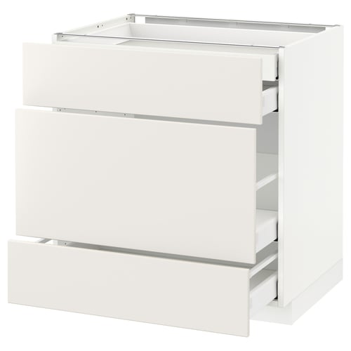 White METOD kitchen cabinet with three drawners, sleek minimalist design.