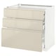 Modern beige kitchen cabinet with high gloss finish, three drawers, and sleek design.