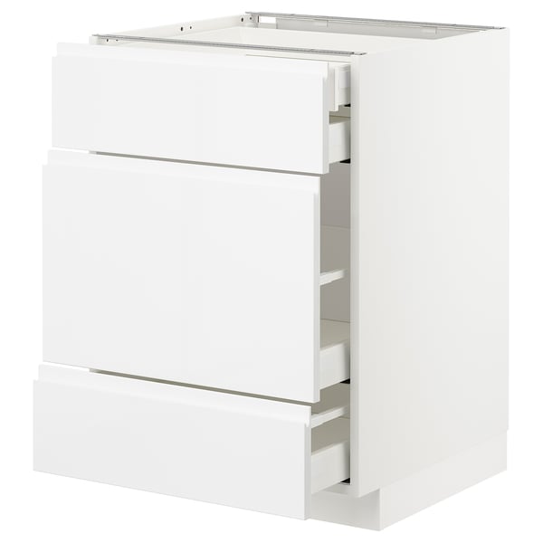 White METOD kitchen unit with glossy finish and drawers.
