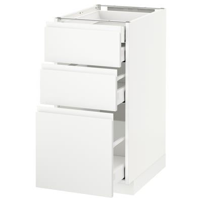 White modern kitchen cabinet with three drawers, sleek design.