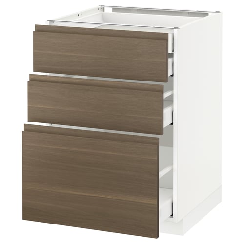 Ikea METOD kitchen unit, white and walnut, three drawers, sleek design.