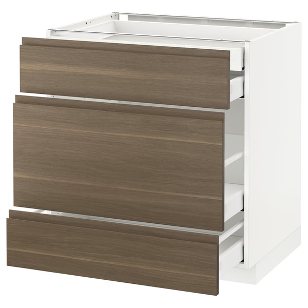 Modern brown wooden kitchen unit with 3 full-extension drawers, white frame. Minimalist design.