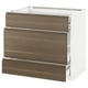 A modern kitchen cabinet from the METOD system by IKEA. It has three dark walnut drawers with sleek, minimalist handles and a clean white frame.