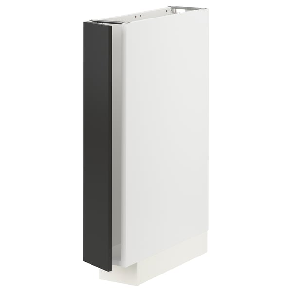 Modern, tall, white kitchen cabinet with black door, featuring sleek design and sturdy build.
