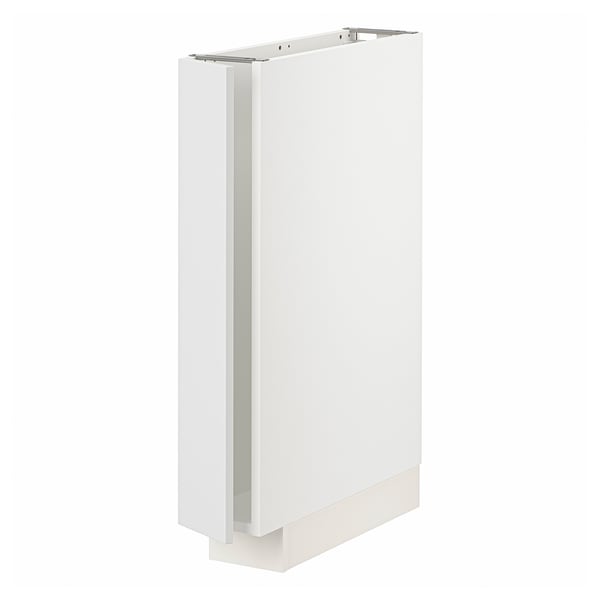 A white METOD cabinet. Its rectangular, modern, with a sleek design.
