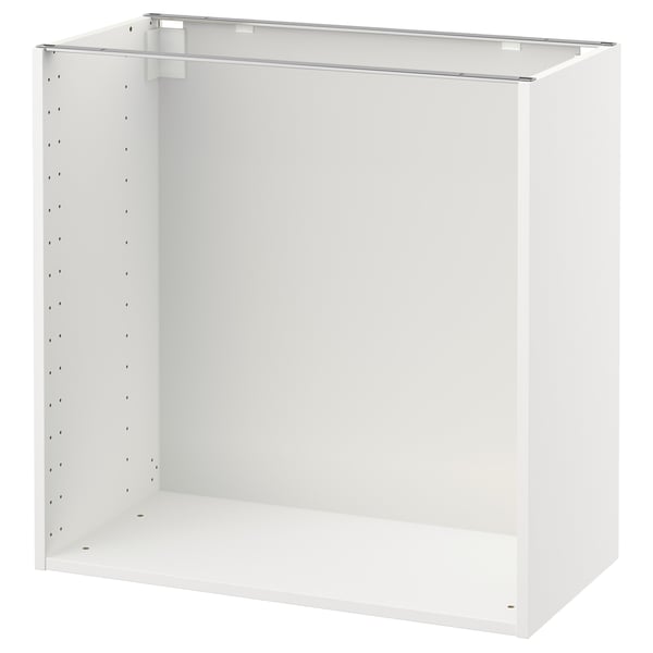 White, rectangular, modular kitchen cabinet. Perforated sides and metal rail suspension system.