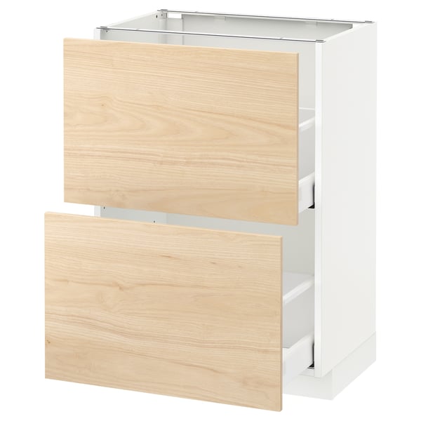 A white METOD kitchen cabinet with light ash wood drawers. It smooth-running drawers and a sturdy frame.