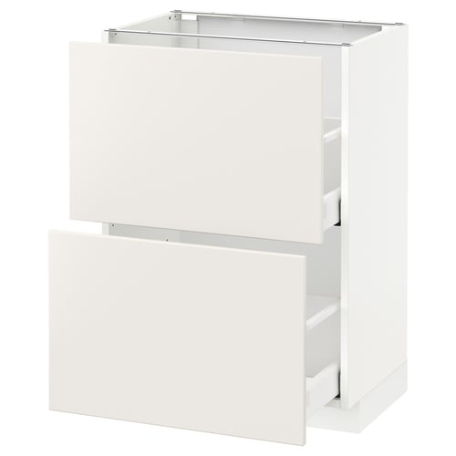 A white storage unit, part of the METOD kitchen system. It drawers and a cabinet with a sleek, modern design.