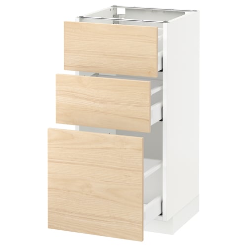 White METOD kitchen cabinet with 3 ash wood drawers, modern design.