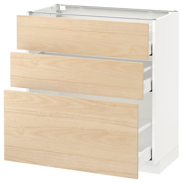 White and light wood kitchen drawer set, featuring three open drawers with sleek design, perfect for modern homes.