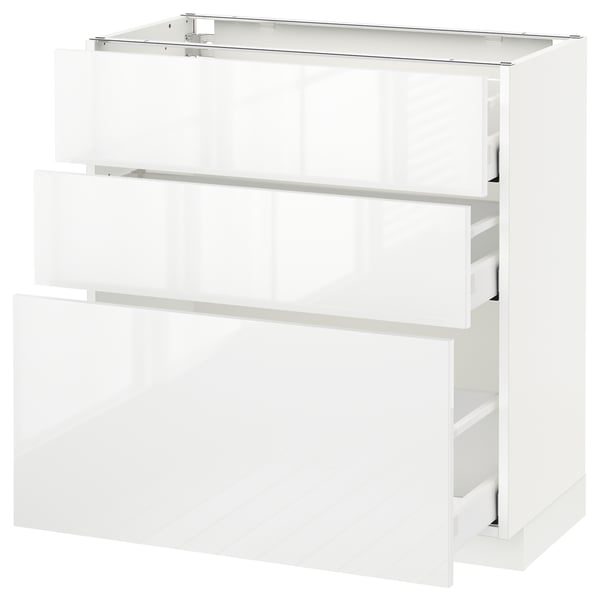 White high-gloss METOD kitchen cabinet with three drawers.