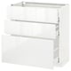 White high-gloss METOD kitchen cabinet with three drawers.