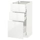 A high-gloss white kitchen cabinet with three drawers. It is sleek, modern, and has a sturdy frame.