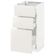 White METOD kitchen cabinet with 3 smooth drawers, glossy finish.