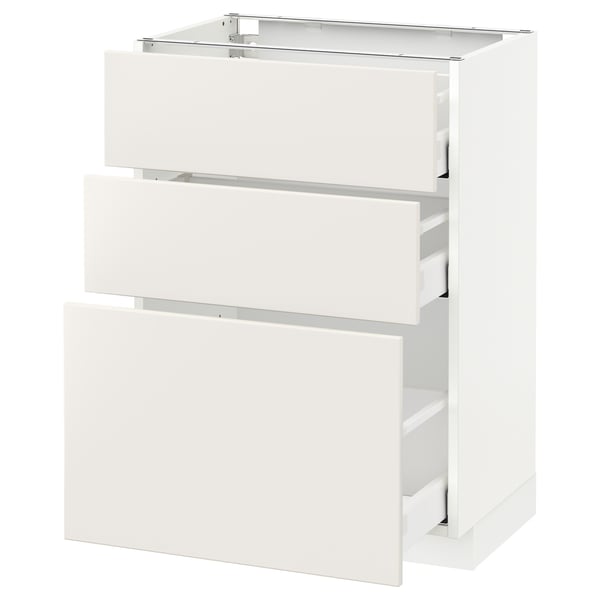White METOD kitchen unit, three drawers, sleek modern design.