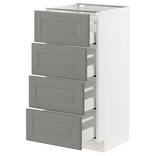 Modern grey kitchen unit with four drawers, sleek design, white frame, soft-close drawers.