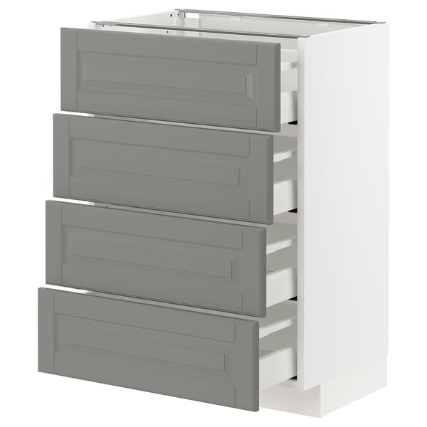 Modern kitchen cabinet with four grey drawers, clean design.
