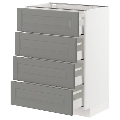 Modern kitchen cabinet with four grey drawers, clean design.