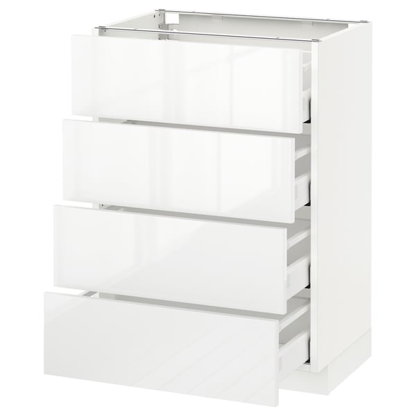 White high-gloss kitchen cabinet with four drawers.