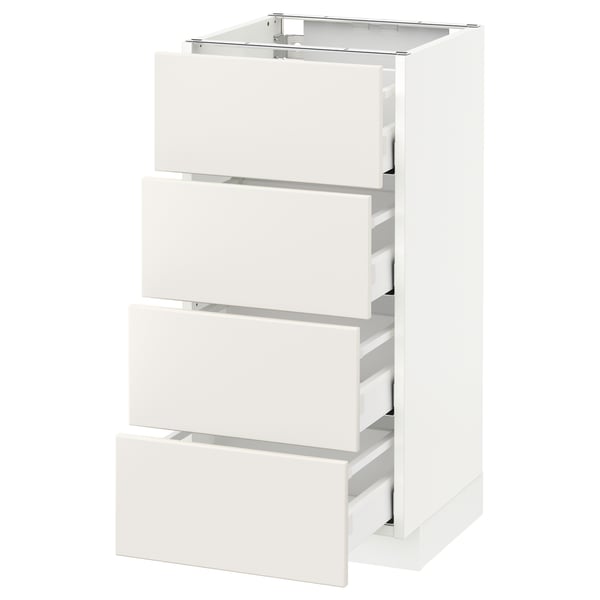 A white METOD cabinets unit with four drawers. The modern design smooth, clean lines. This versatile kitchen furniture is both stylish and functional.